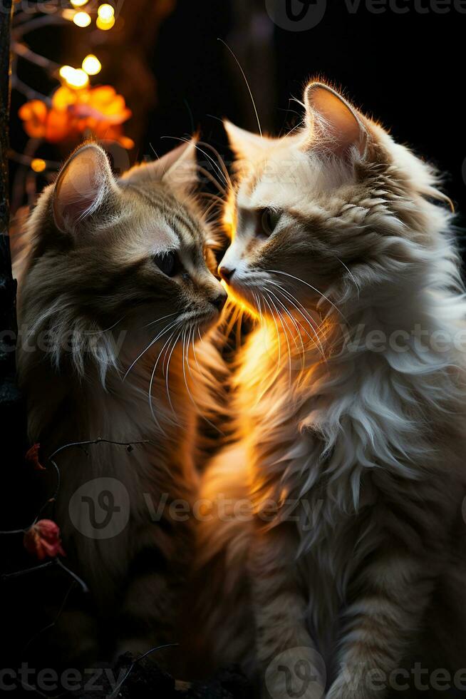 två katter ser varje Övrig mot en mörk bakgrund. ai generativ foto