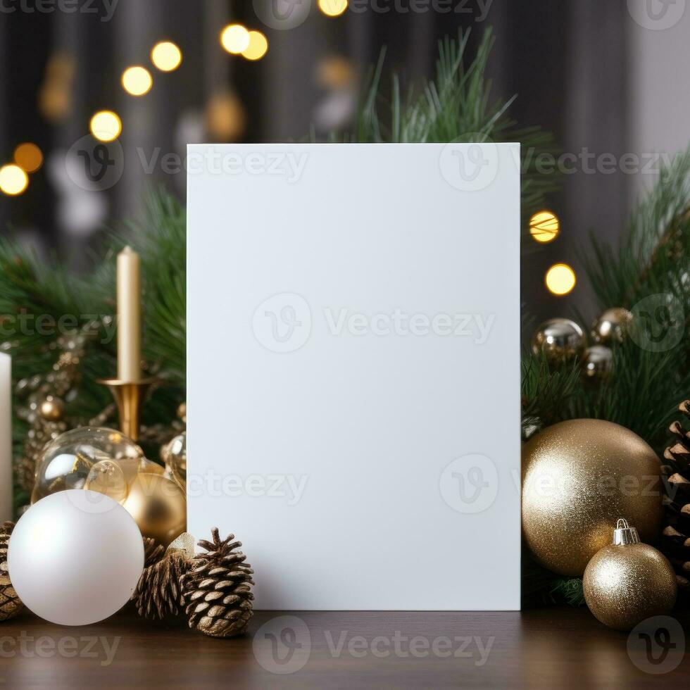 tom vit hälsning kort mockup, skön bakgrund dekorerad för jul foto