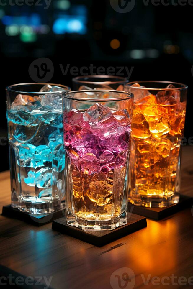 fyra färgrik lysande is kuber i en glas. ai generativ foto