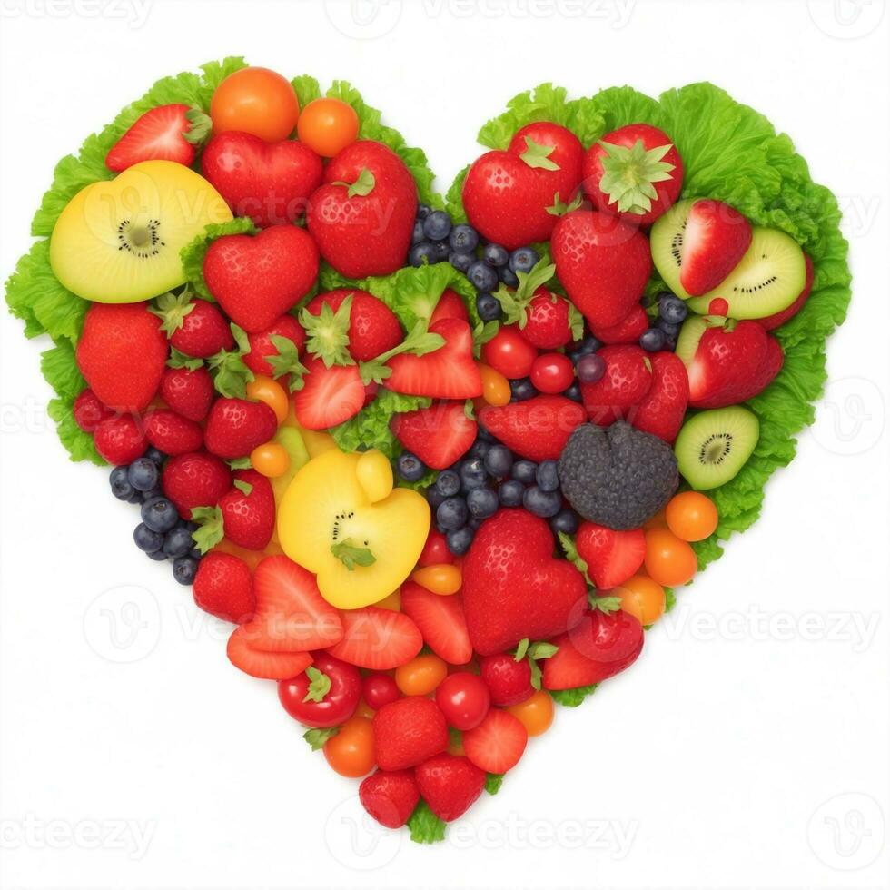 hjärta form använder sig av frukt och grönsaker, på vit bakgrund foto