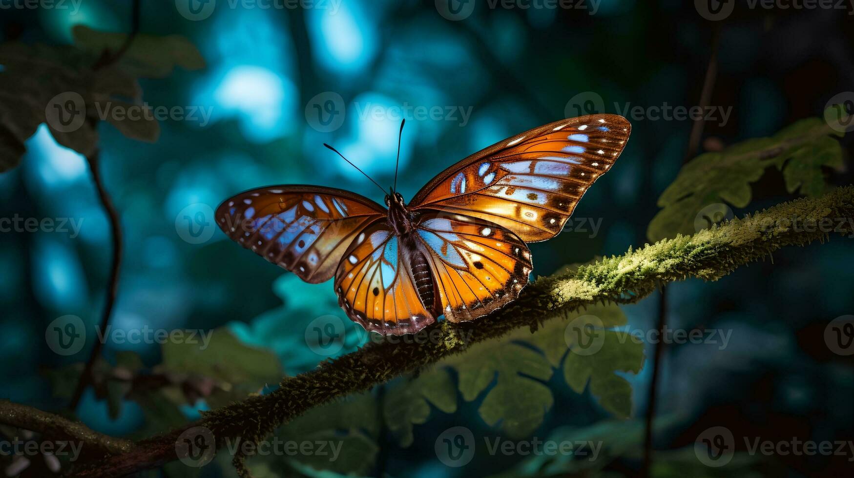 färgrik fjäril på en träd gren ai genererad foto