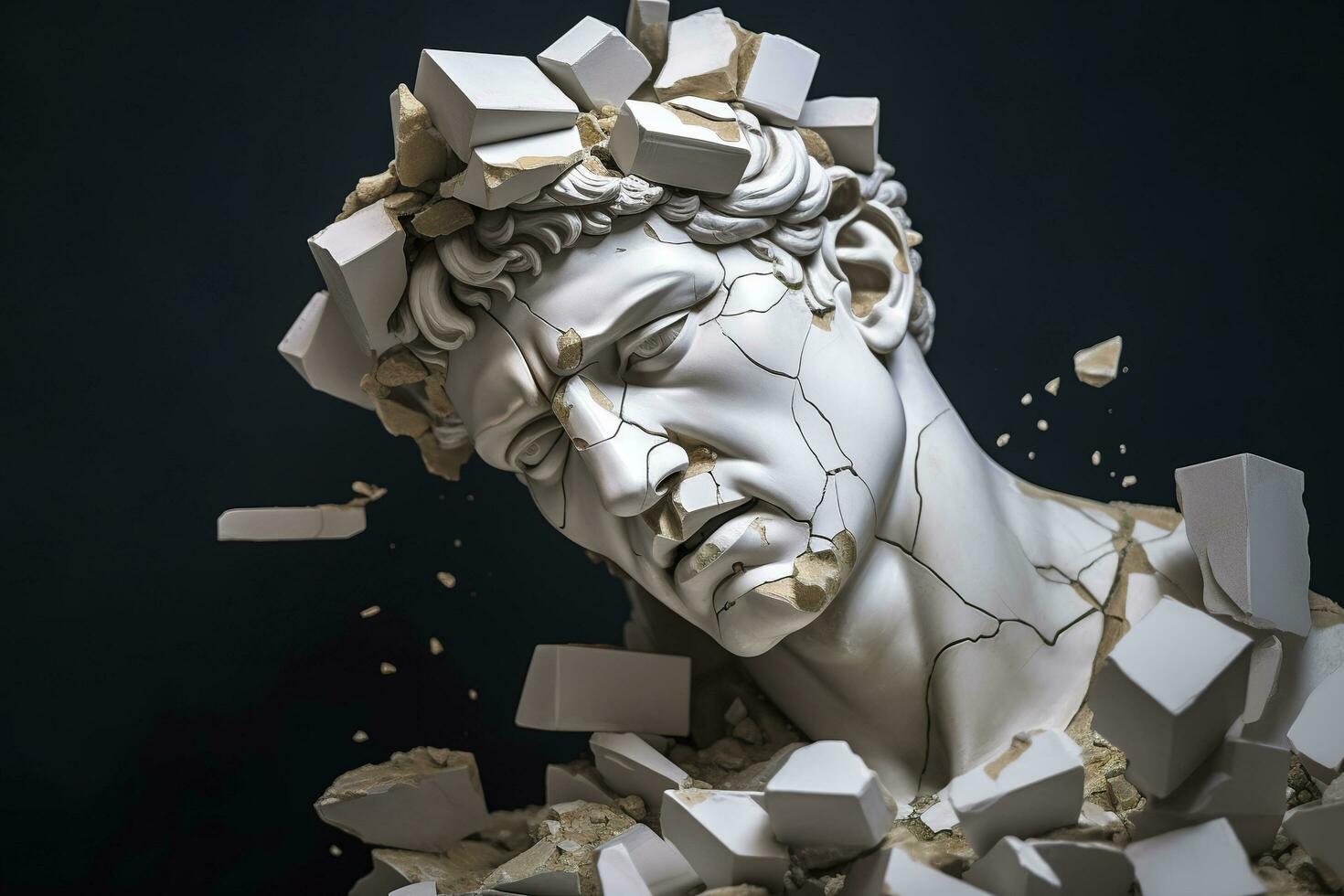 bruten gammal grekisk staty huvud faller i bitar. bruten marmor skulptur, krackning sätta dit, begrepp av depression, minne förlust, mentalitet förlust eller sjukdom. ai generativ foto