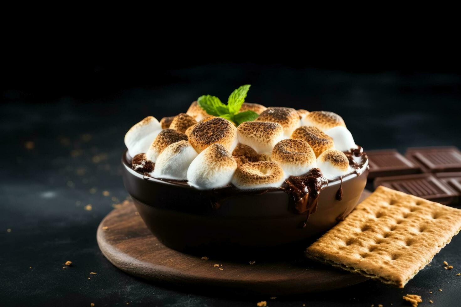 utsökt s'mores dopp mörk bakgrund med tömma Plats för text foto