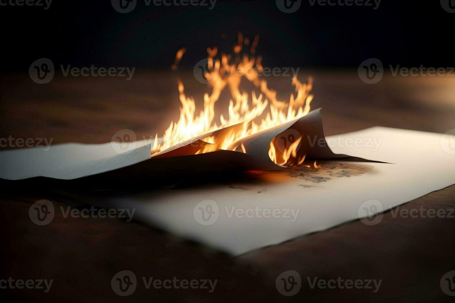 brinnande ljus och rullad papper på gammal trä- tabell. ai genererad. foto