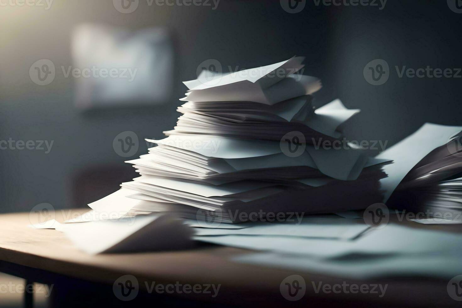 stack av papper på trä- tabell i kontor, närbild. företag begrepp. ai genererad. foto