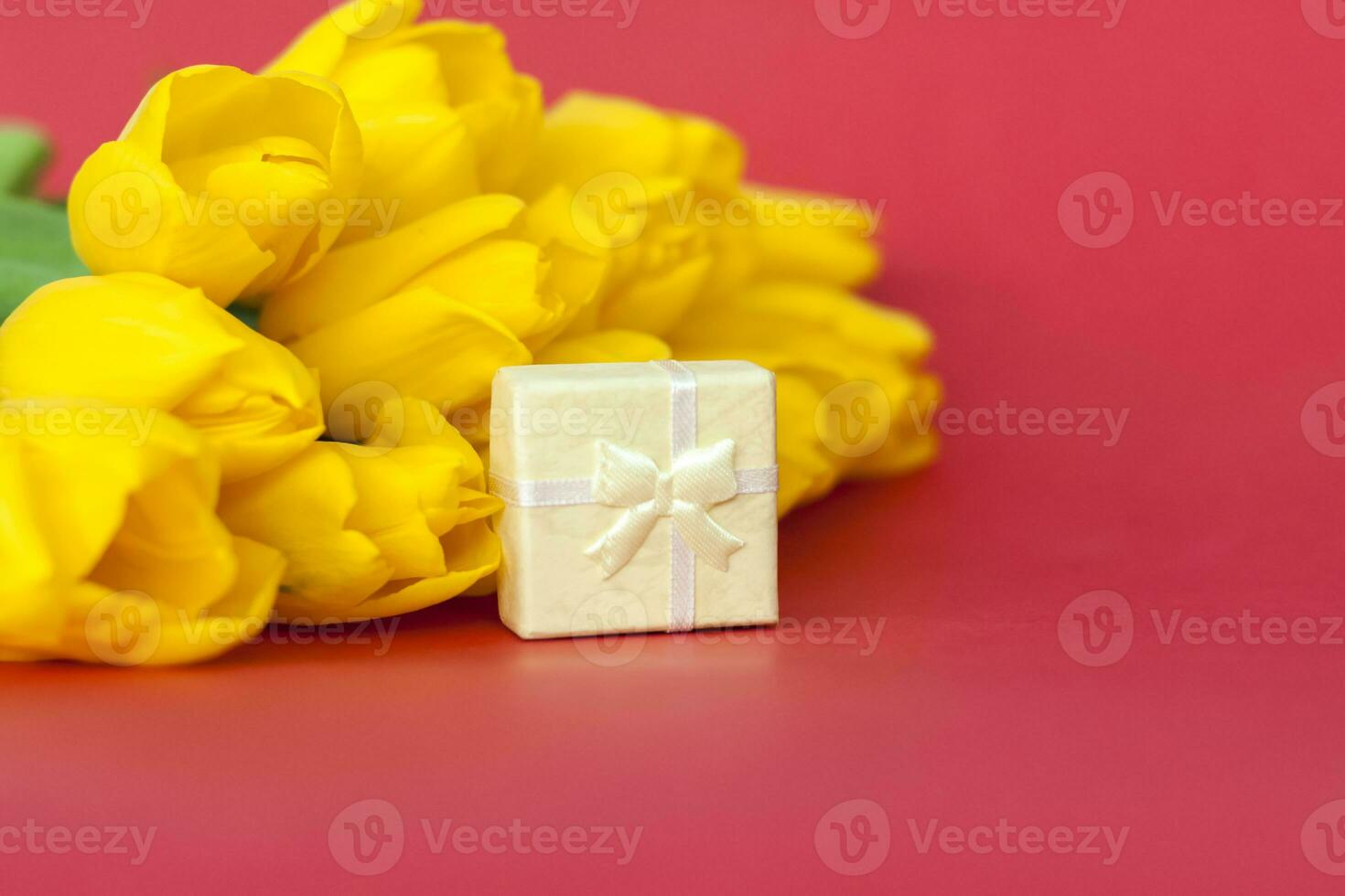 en bukett av färsk gul tulpaner på en röd bakgrund. en små gåva låda Nästa till de tulpaner. vår blommor. de begrepp av vår eller Semester, Mars 8, internationell kvinnors dag, foto
