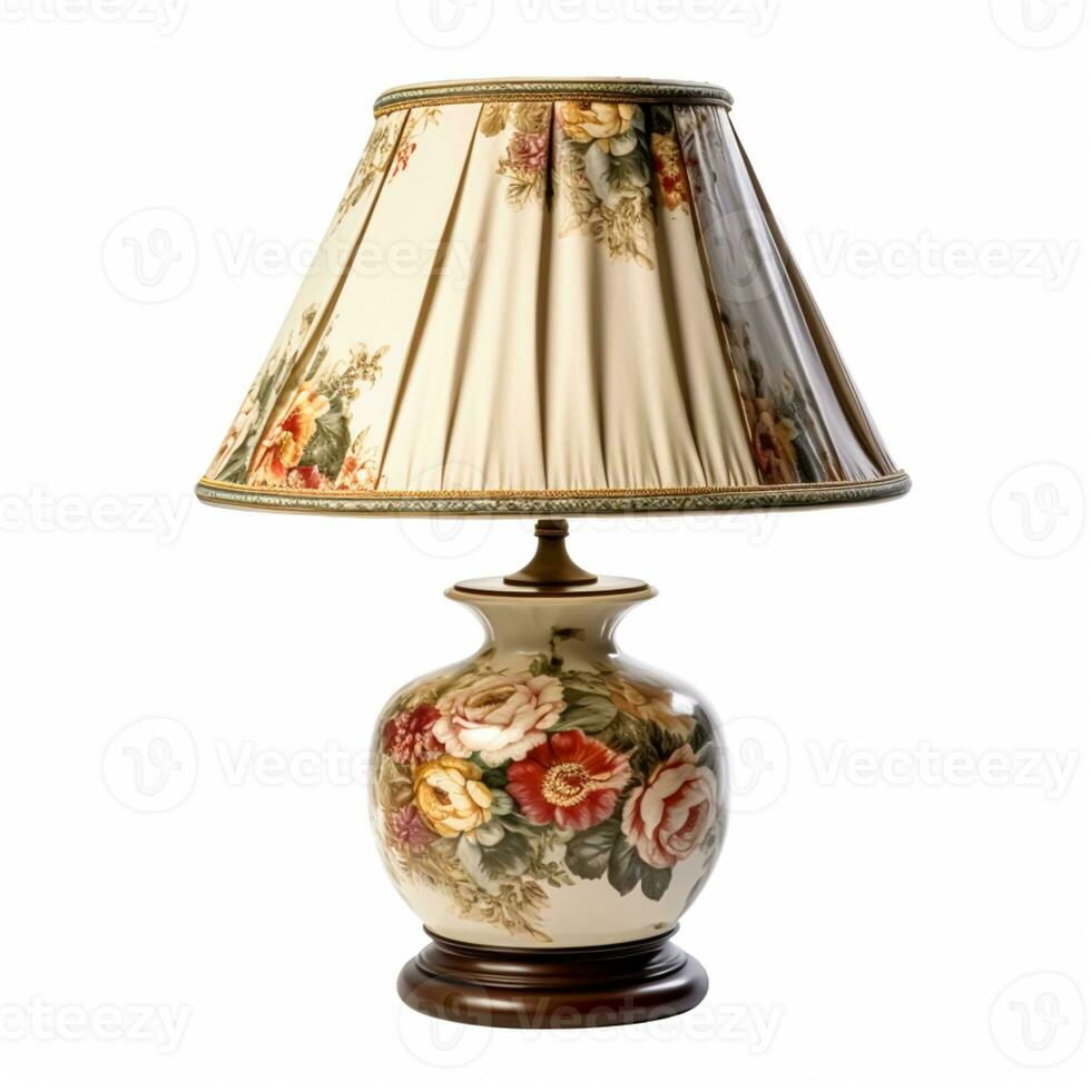 årgång Land stil antik tabell lampa med en skön lampskärm design isolerat på vit bakgrund, interiör design och stuga Hem dekor, efterbehandlat, generativ ai foto