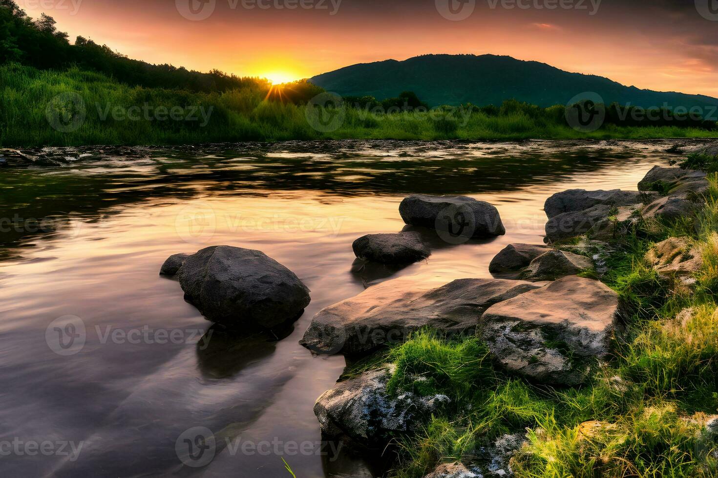 solnedgång och flod foto