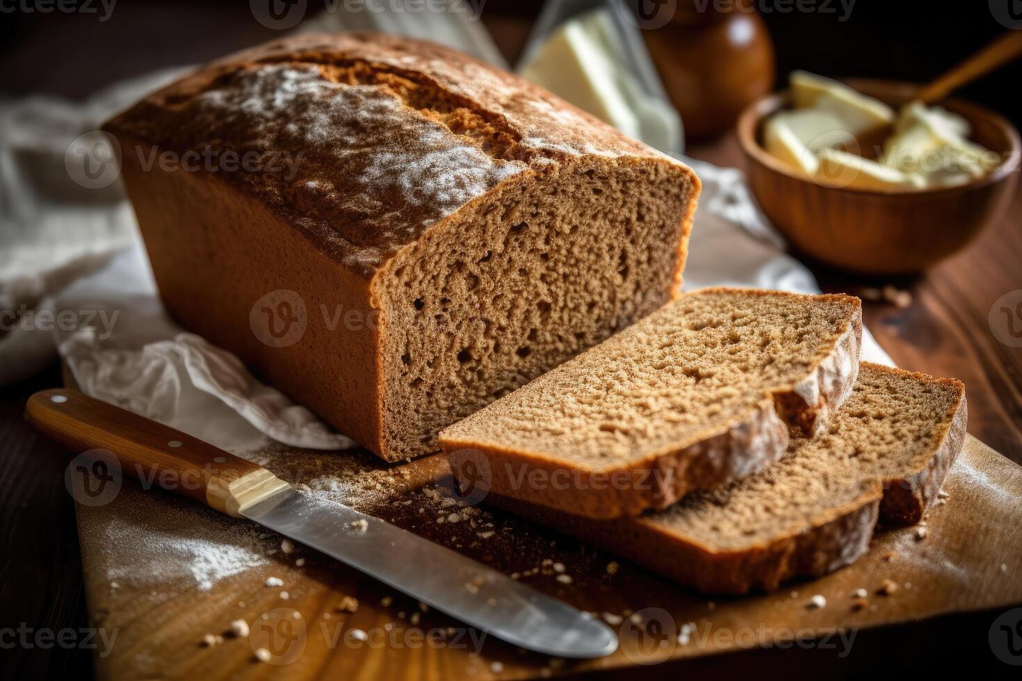 stock Foto av råg bröd i kök tabell platt lägga ai genererad