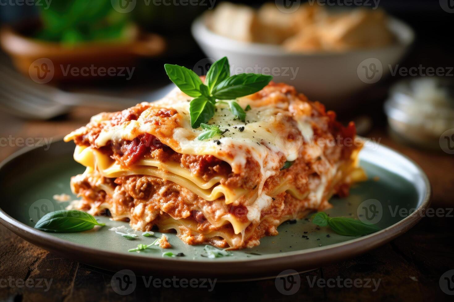 stock Foto skiva av lasagne i kök tabell fågel se ai genererad