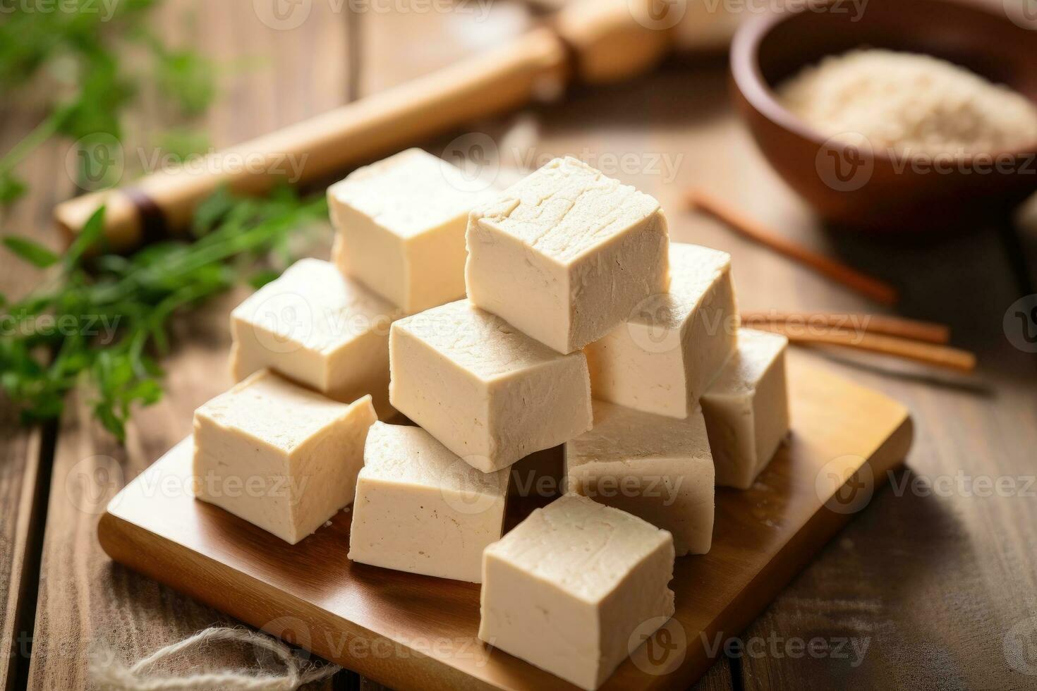 stock Foto rå tofu i kök tabell platt lägga ai genererad