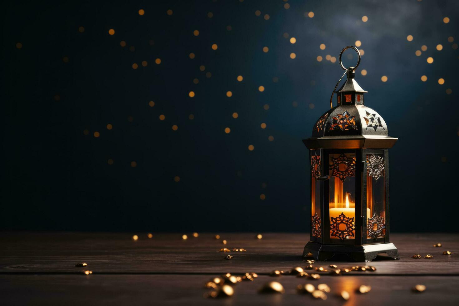 islamic gyllene lykta på mörk bakgrund foto