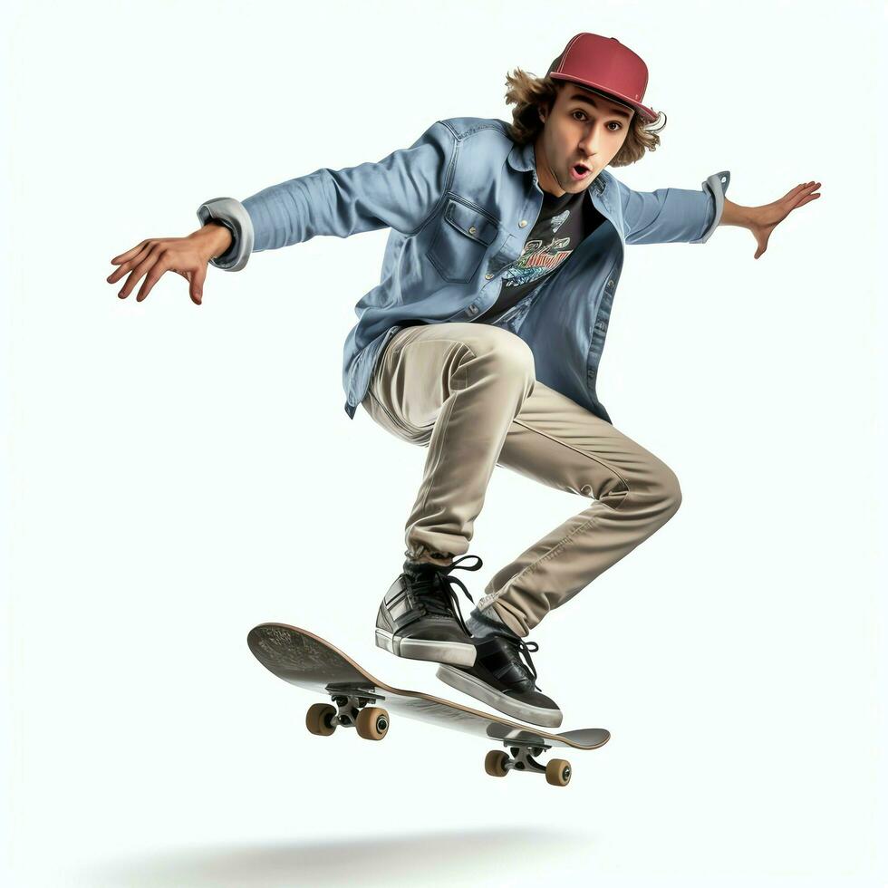 en caucasian man håller på med knep eller Hoppar på en skateboard på de gata. ung man med skater Hoppar begrepp förbi ai genererad foto