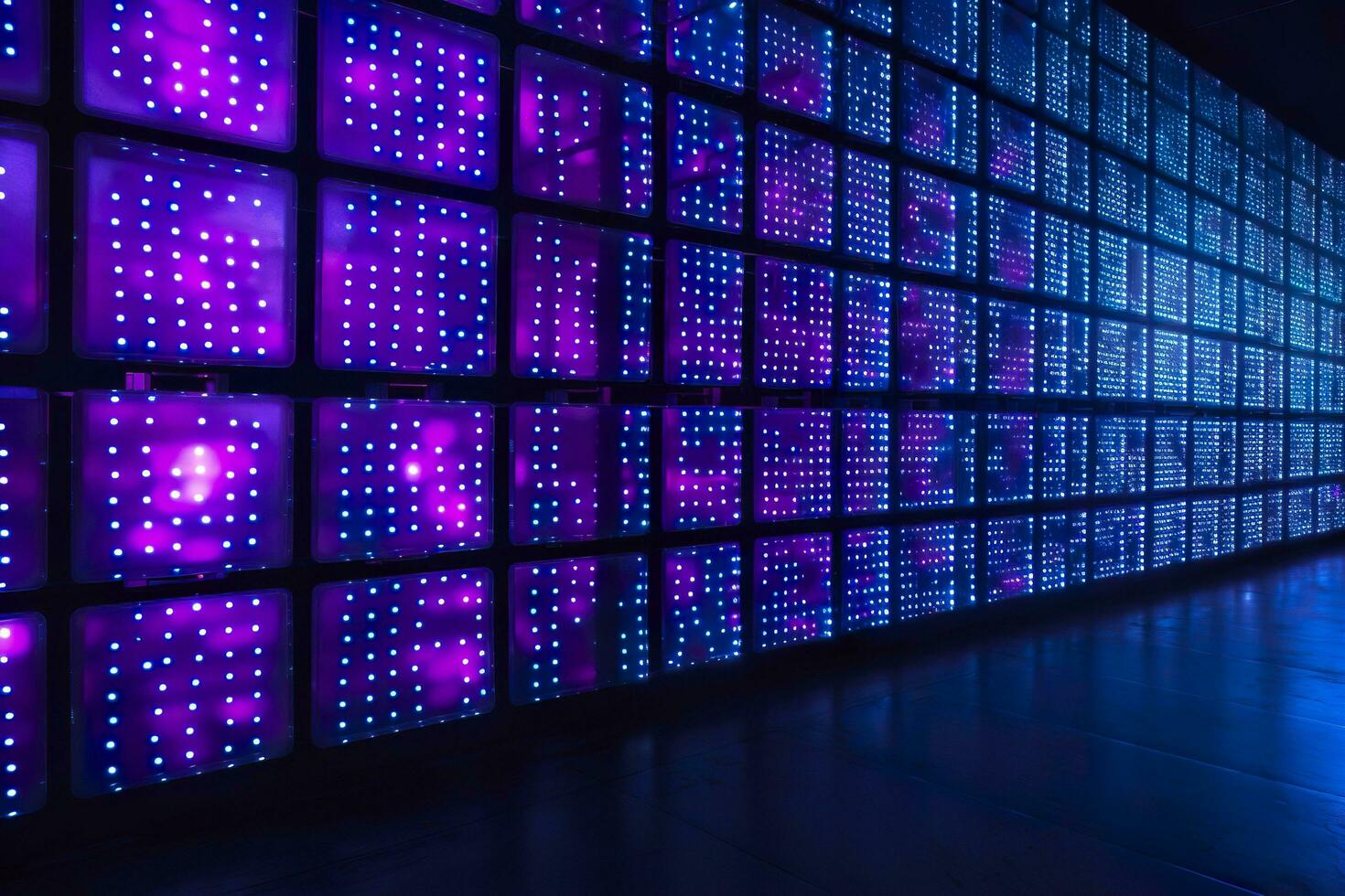 blå och lila upplyst paneler på en vägg. generativ ai foto