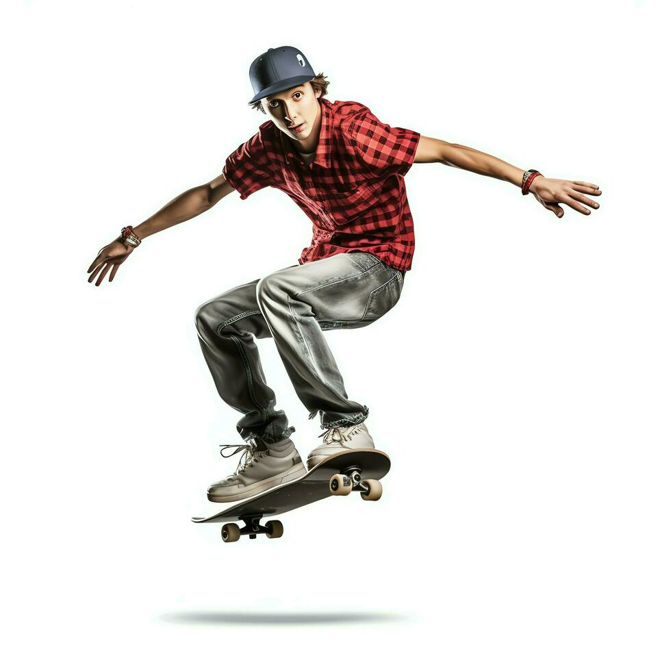 en caucasian man håller på med knep eller Hoppar på en skateboard på de gata. ung man med skater Hoppar begrepp förbi ai genererad foto