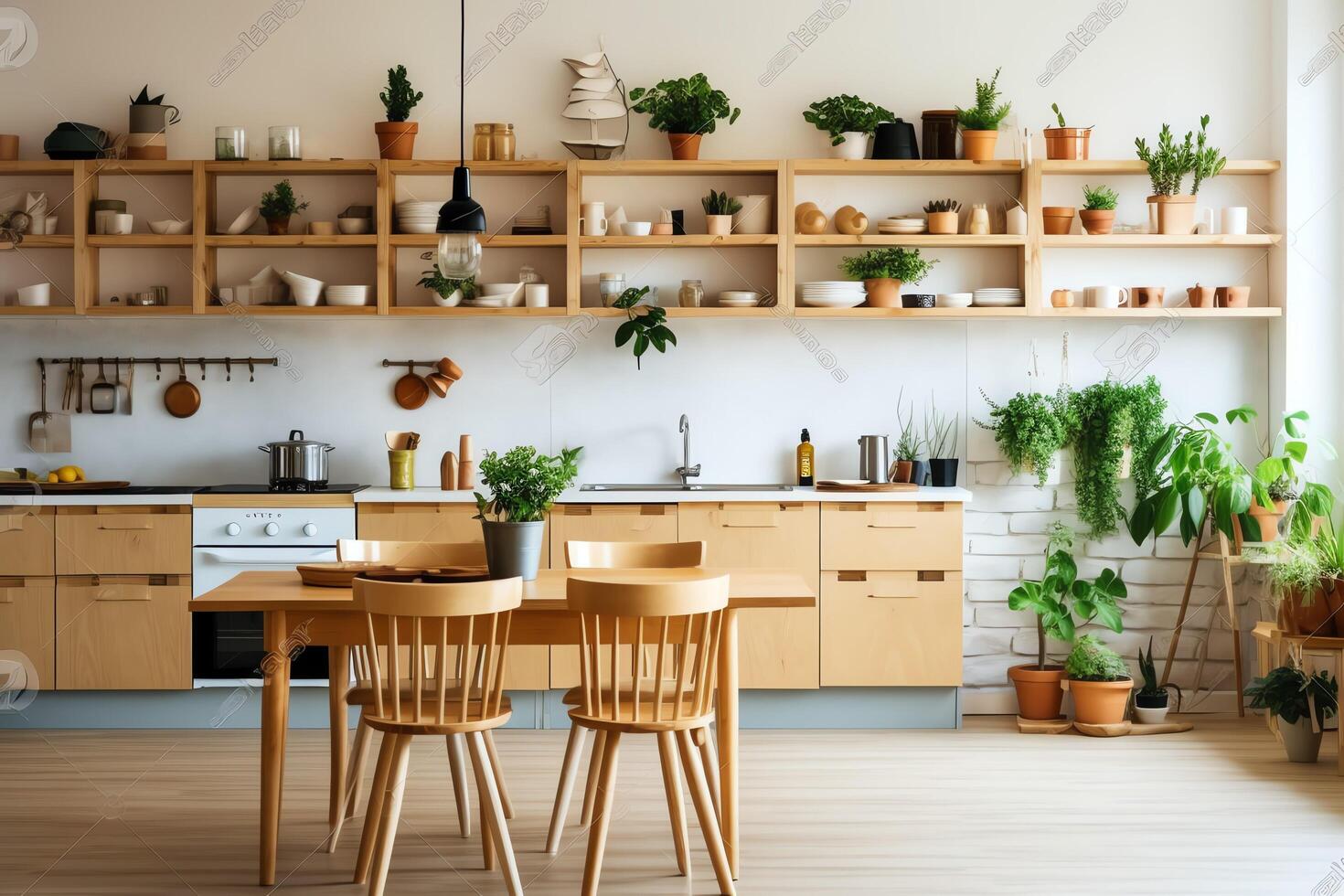 modern kök interiör design i lägenhet eller hus med möbel. lyx kök Hem scandinavian begrepp förbi ai genererad foto