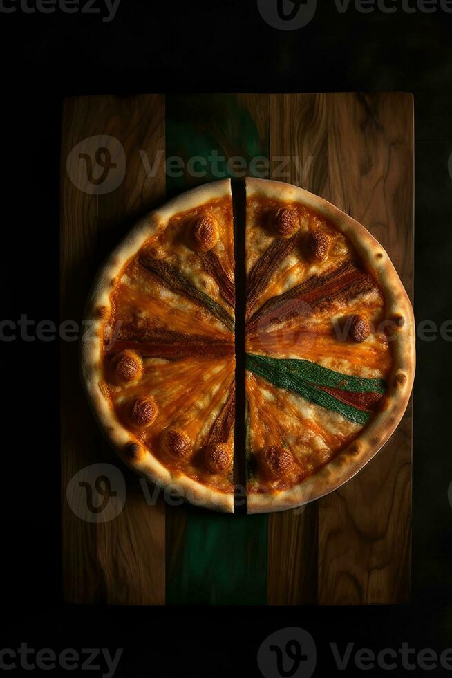 färgrik pizza skära in i sex likvärdig bitar foto
