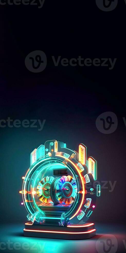 3d framställa av lysande neon roulett hjul med bloss på mörk bakgrund, kasino spel begrepp. generativ ai teknologi. foto