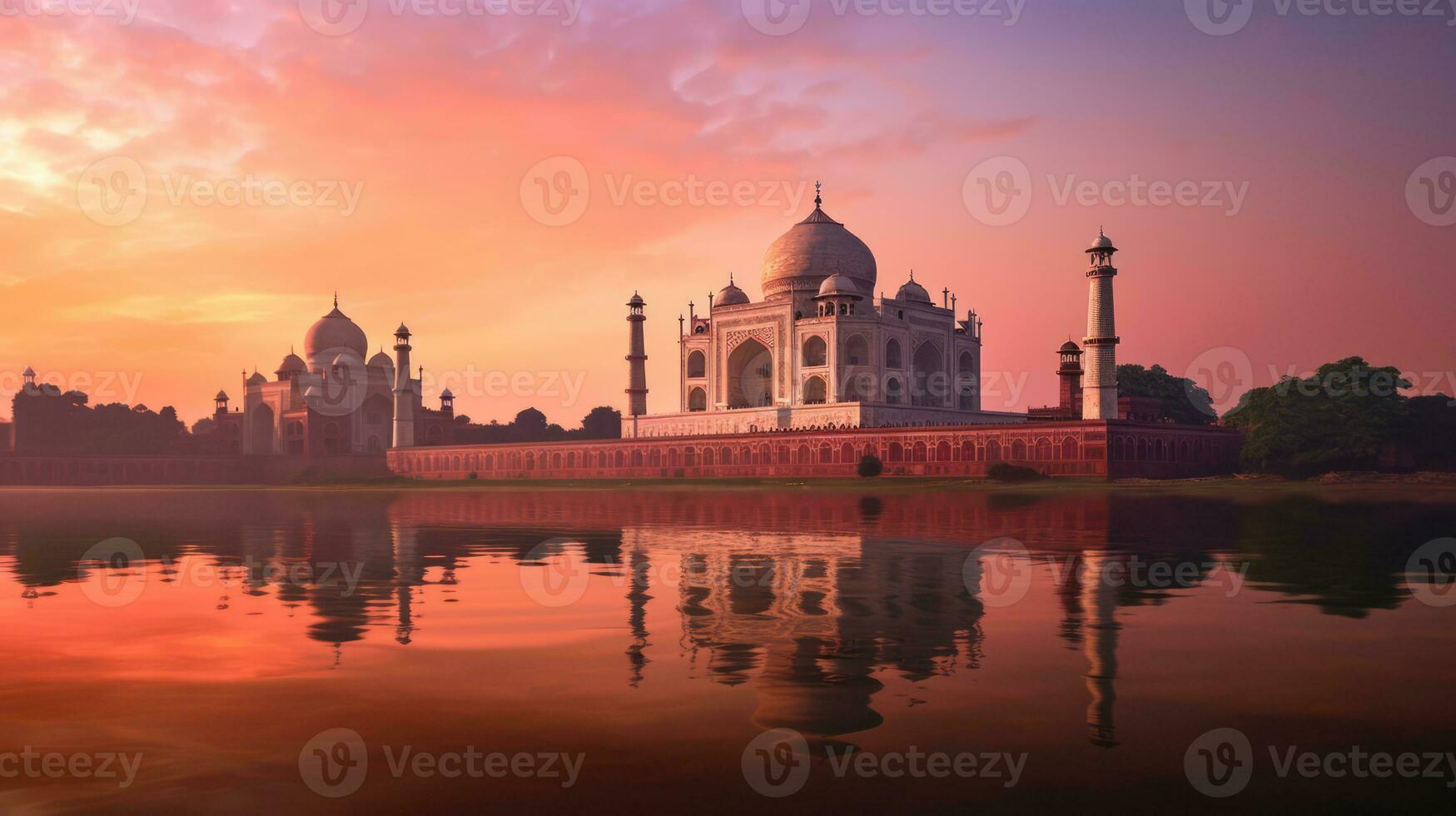 en hisnande solnedgång på de taj mahal, en fantastisk palats i Indien känd för dess arkitektonisk skönhet. foto