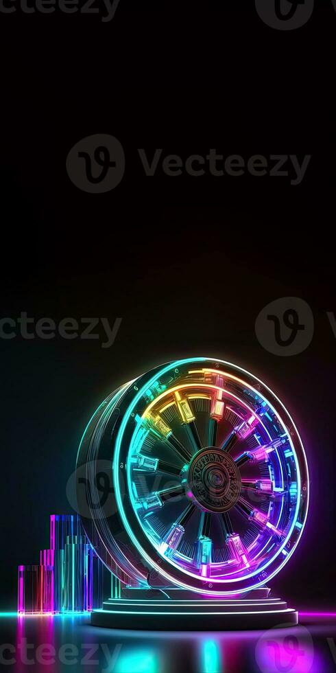 neon ljus spinning hjul stå på mörk bakgrund, kasino spel begrepp. vertikal baner eller mall design, generativ ai. foto