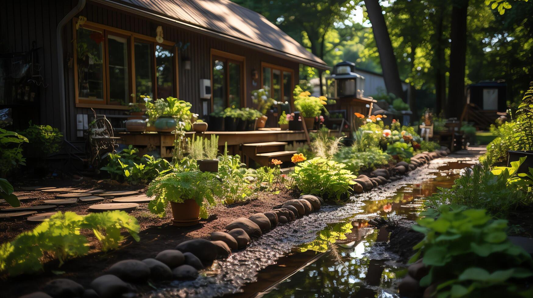 trä- hus i by med växter och blommor i bakgård trädgård. trädgård och blomma på lantlig hus begrepp förbi ai genererad foto