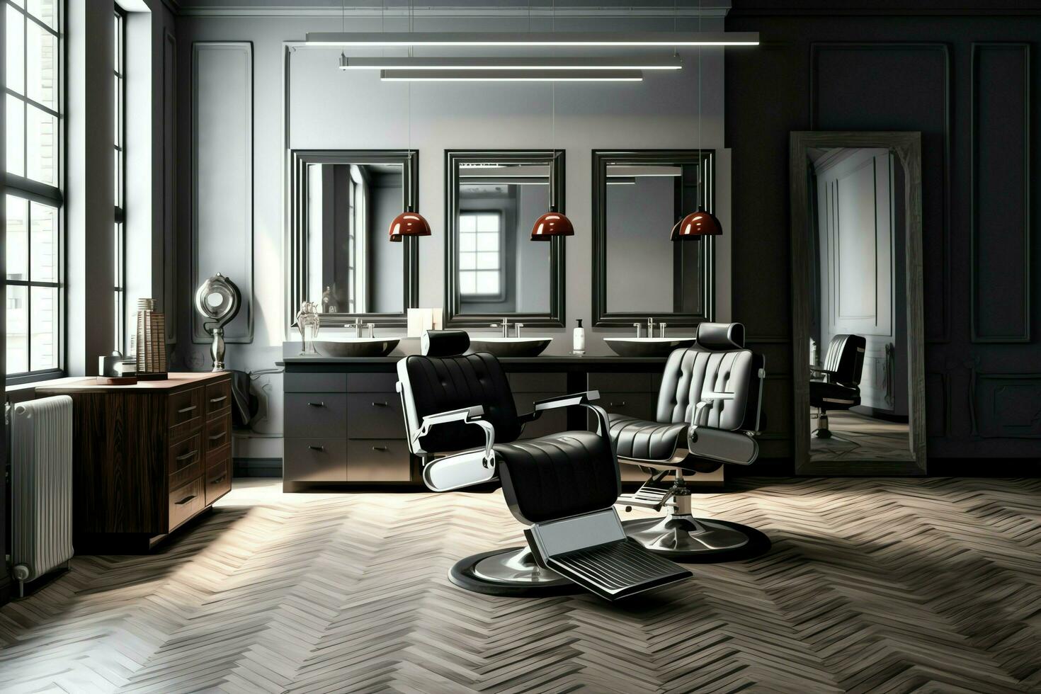 modern frisör interiör med speglar stol och Övrig Utrustning nära fönster. stolar i frisör begrepp förbi ai genererad foto