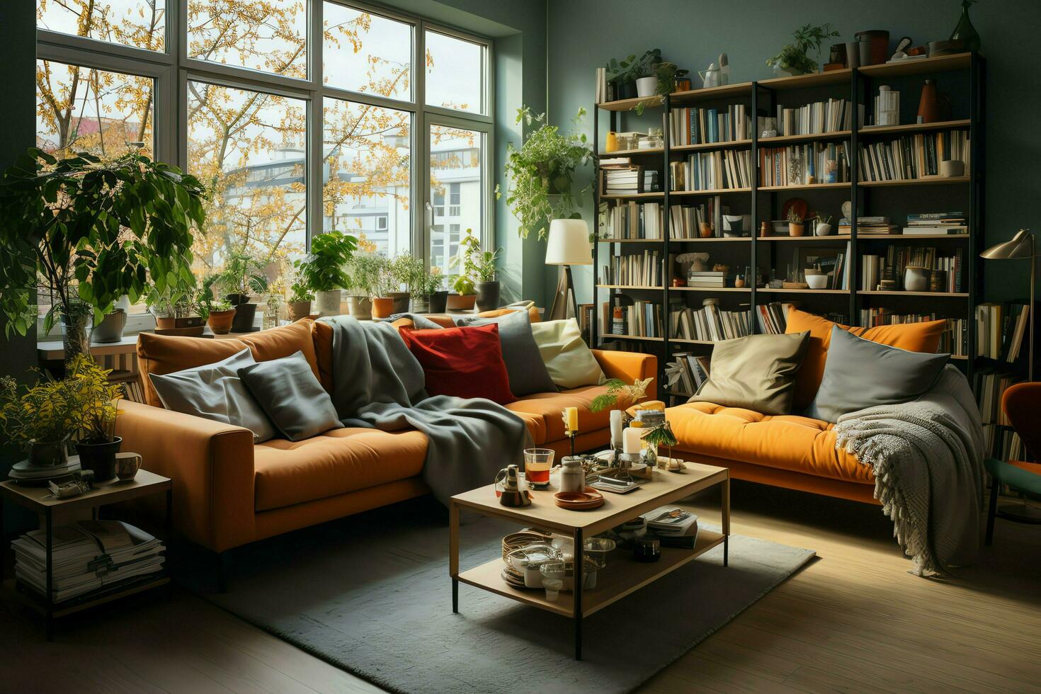 modern lägenhet interiör i levande eller sovrum design med arbetssätt tabell, möbel, och bokhylla. lyx Hem scandinavian begrepp förbi ai genererad foto