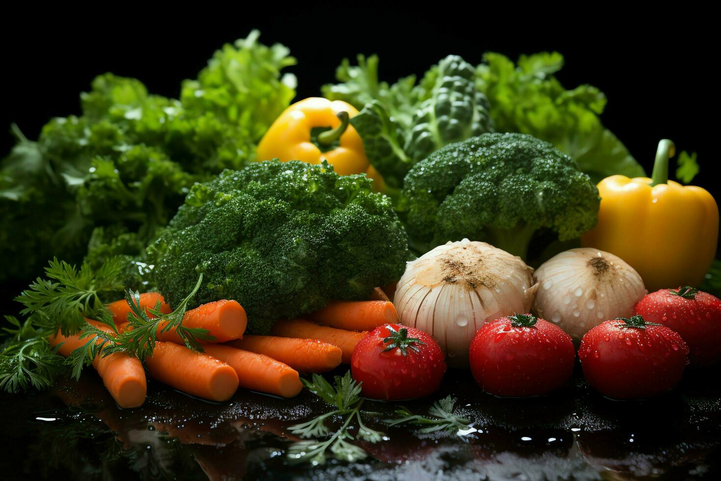 samling blanda färsk grönsaker och frukt för en sallad. friska diet begrepp och grönsaker mat förbi ai genererad foto