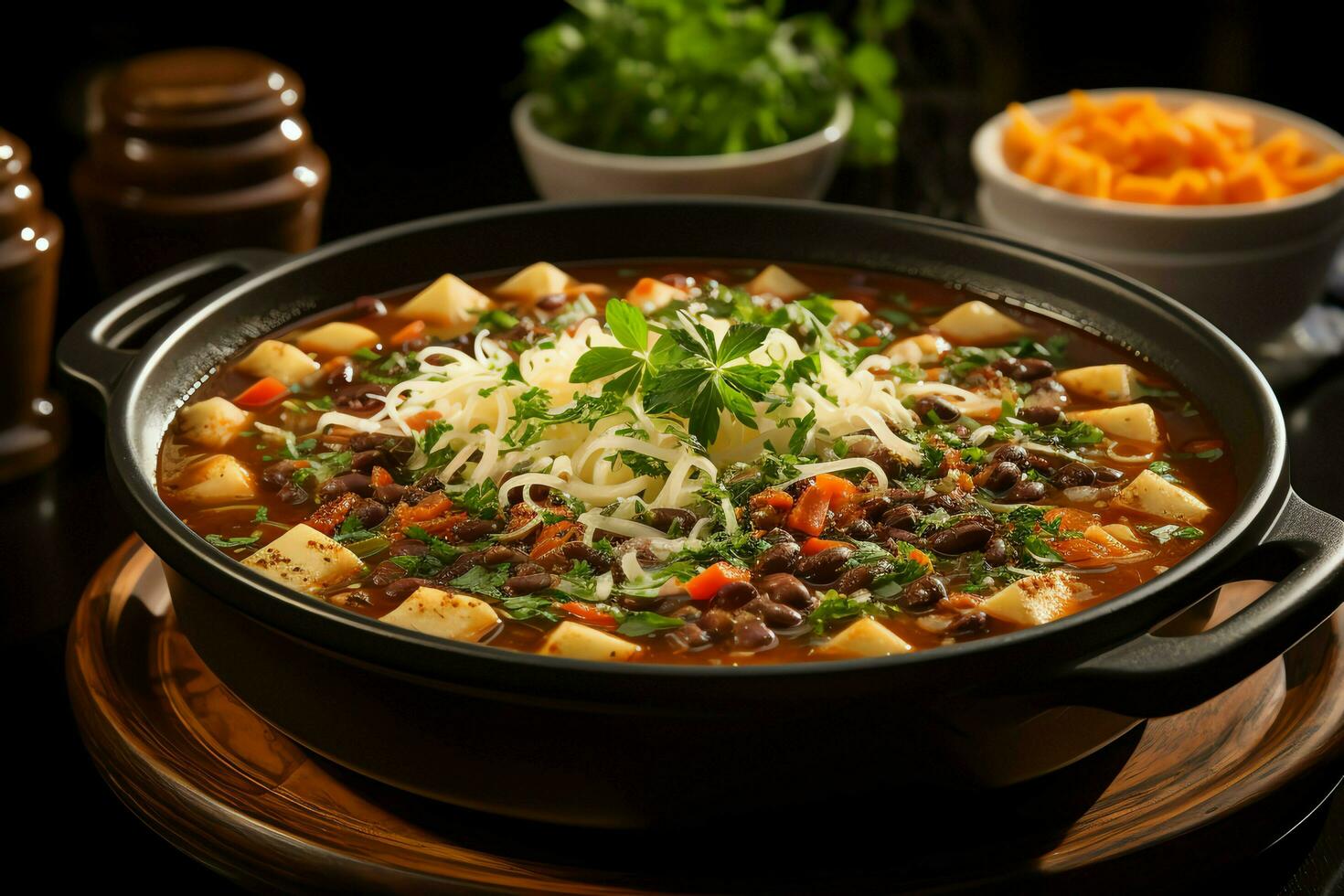 en utsökt minestrone soppa mat i en skål. italiensk mat och friska protein soppa måltid begrepp förbi ai genererad foto