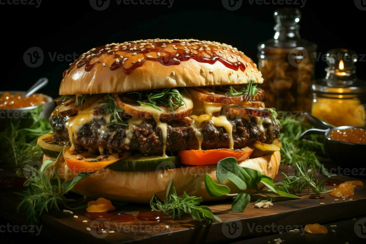 utsökt burger med vegetabiliska och smält ost på rustik trä- tallrik genererad förbi ai foto
