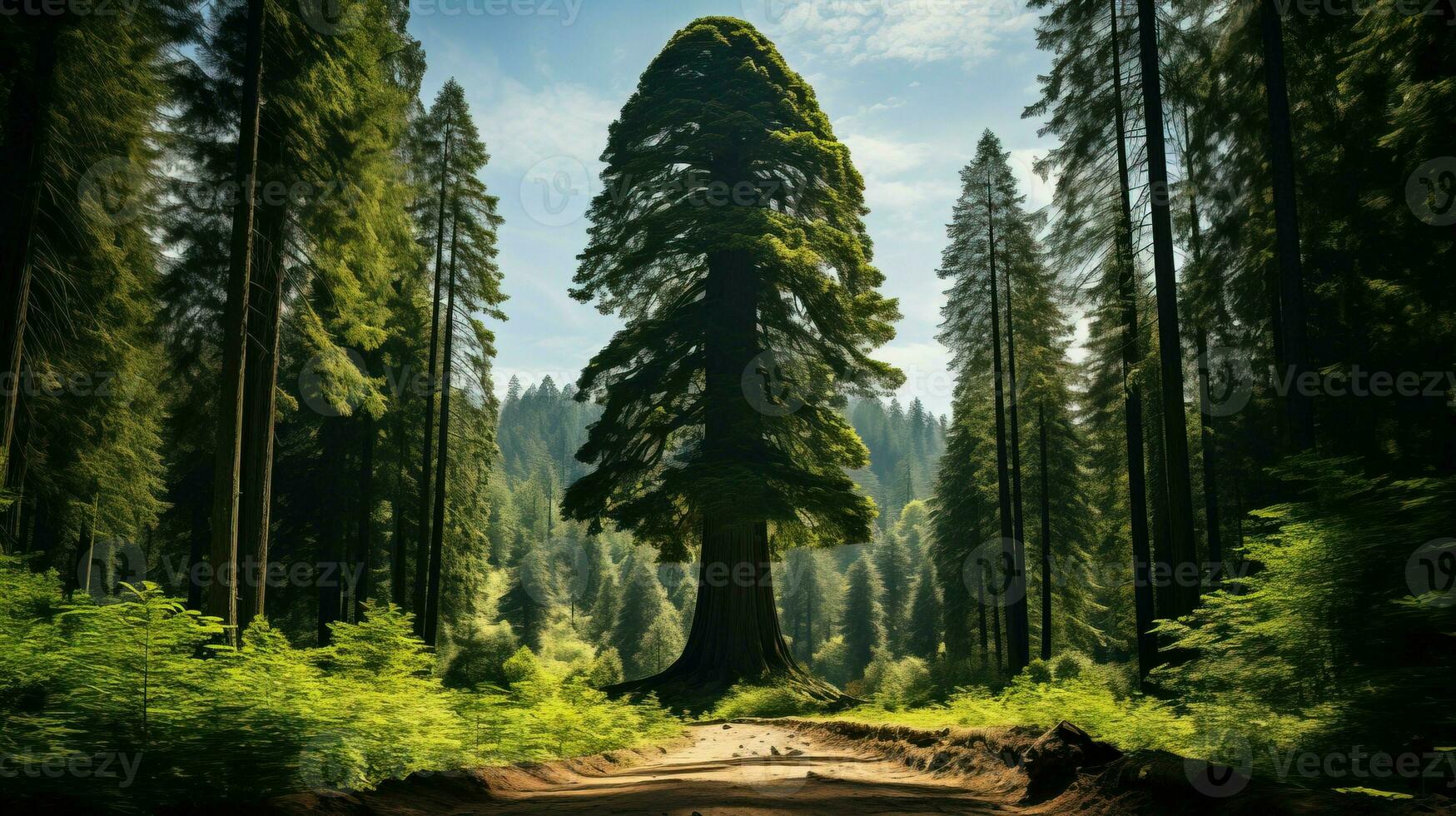 höga sequoia träd i de mitten av de skog med de Sol lysande genom genererad förbi ai foto