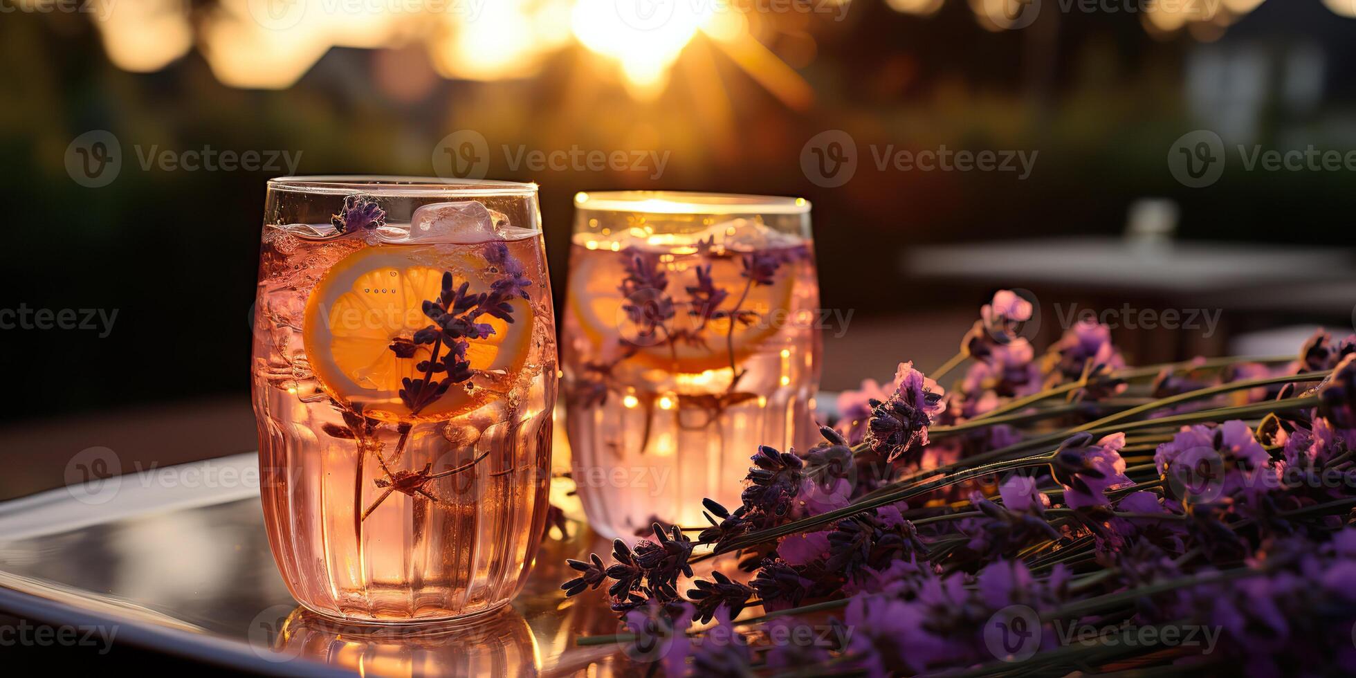 ai genererad. ai generativ. lavendel- cocktails med växt blomma. refresh dryck dryck i glas på solnedgång kväll på trä tabell. fest familj vibe. grafisk konst foto