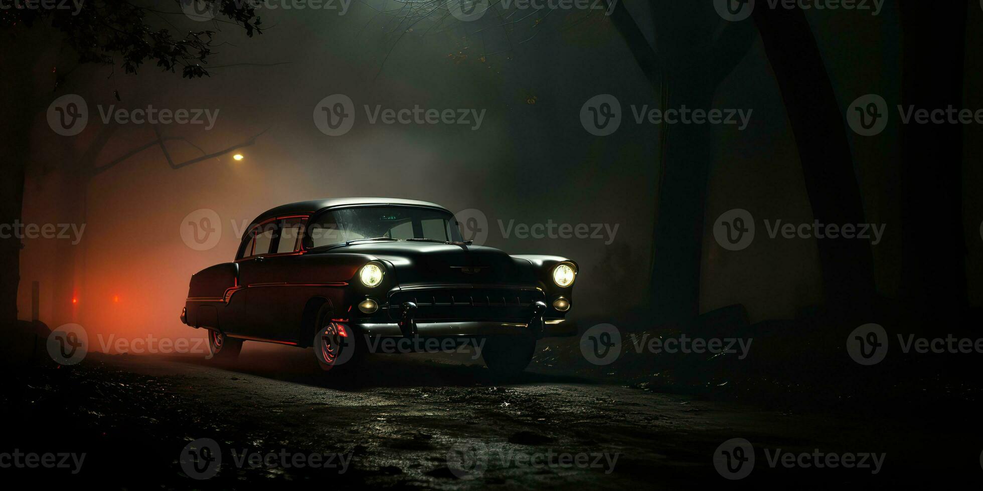 ai genererad. ai generativ. årgång retro klassisk bil på väg dimma dimma skog träd natur utomhus- mörk gotik skrämmande halloween vibe. grafisk konst foto