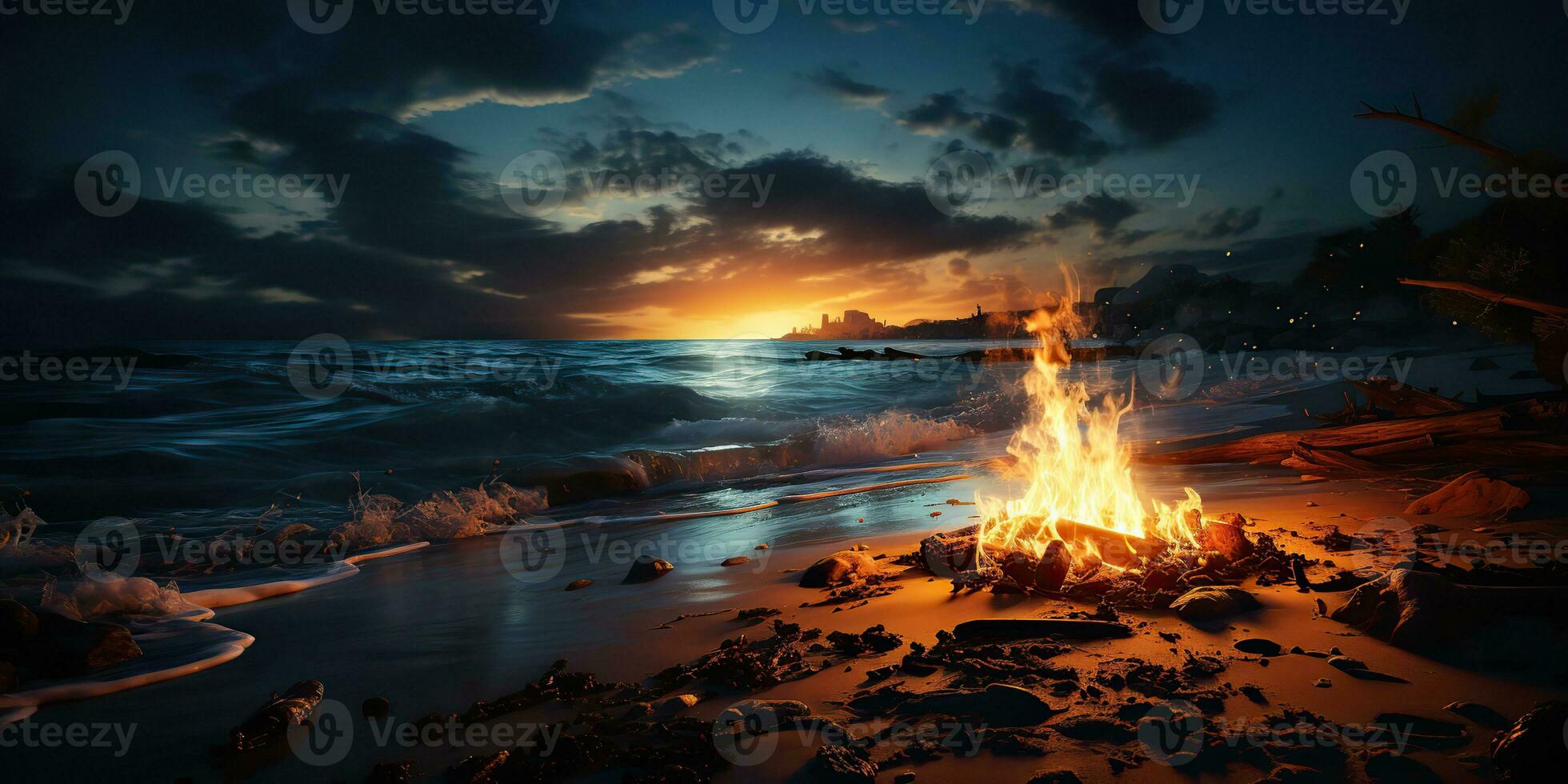 ai genererad. ai generativ. solnedgång kväll natt bål lägereld brand trä på hav hav kust strand sand. äventyr semester resa camping vibe. grafisk konst foto