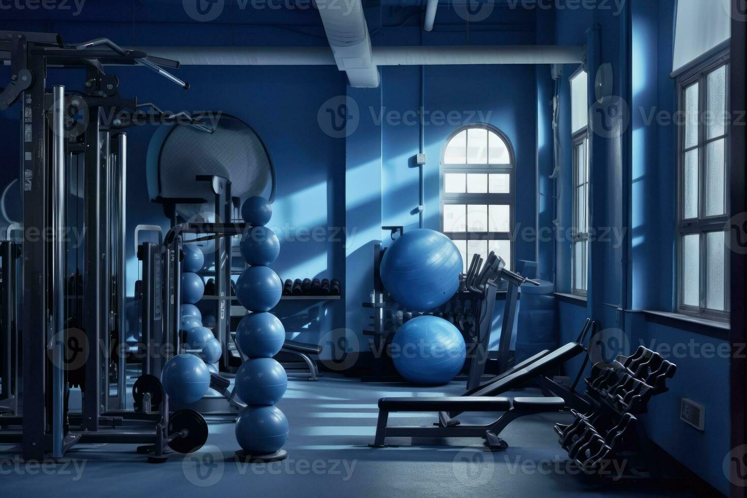 en rum fylld med olika övning Utrustning, Inklusive talrik blå sporter bollar placerad genom hela de område. detta rum visas till vara en tillägnad träna Plats foto