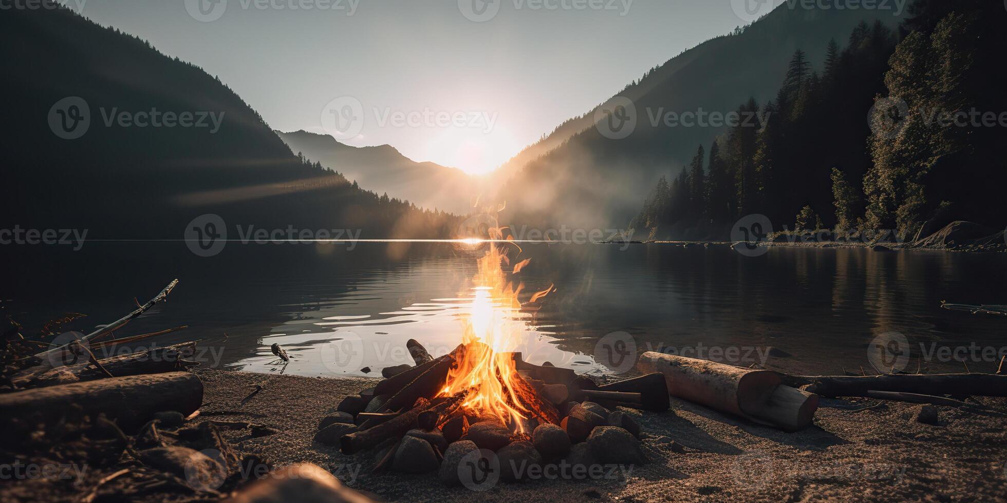 ai genererad. ai generativ. utomhus- natur vild landskap bål lägereld läger flamma koppla av kyla sjö strand sida. äventyr resa koppla av vibe. grafisk konst foto