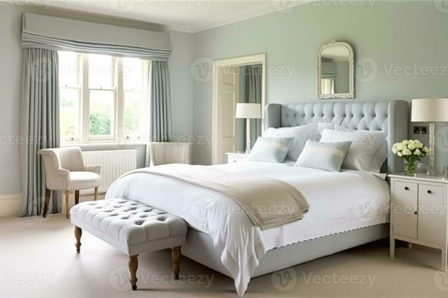 blek blå sovrum dekor, interiör design och Semester uthyrning, säng med elegant strö och möbel, engelsk Land hus och stuga stil, generativ ai foto