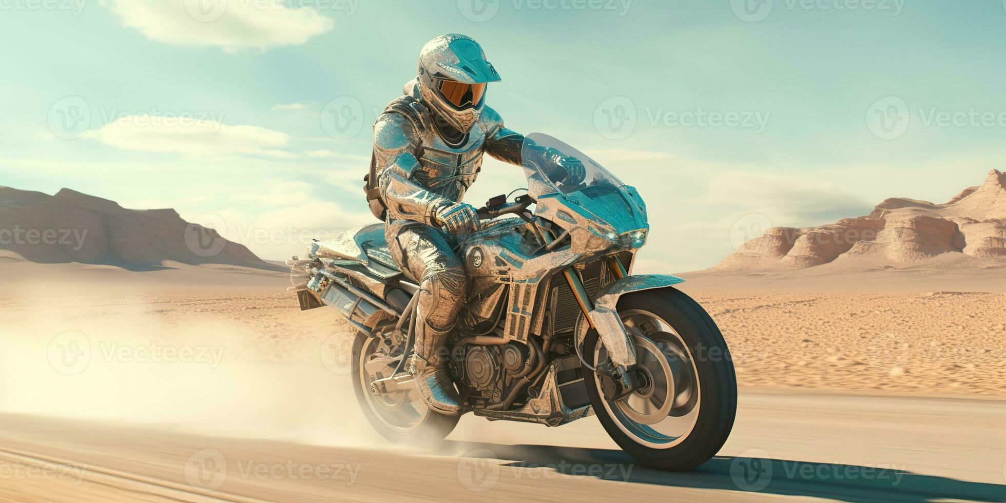 ai genererad. ai generativ. öken- sand väg berg cykel motorcykel korsa futuristiska. äventyr resa väg flytta vibe. grafisk konst foto