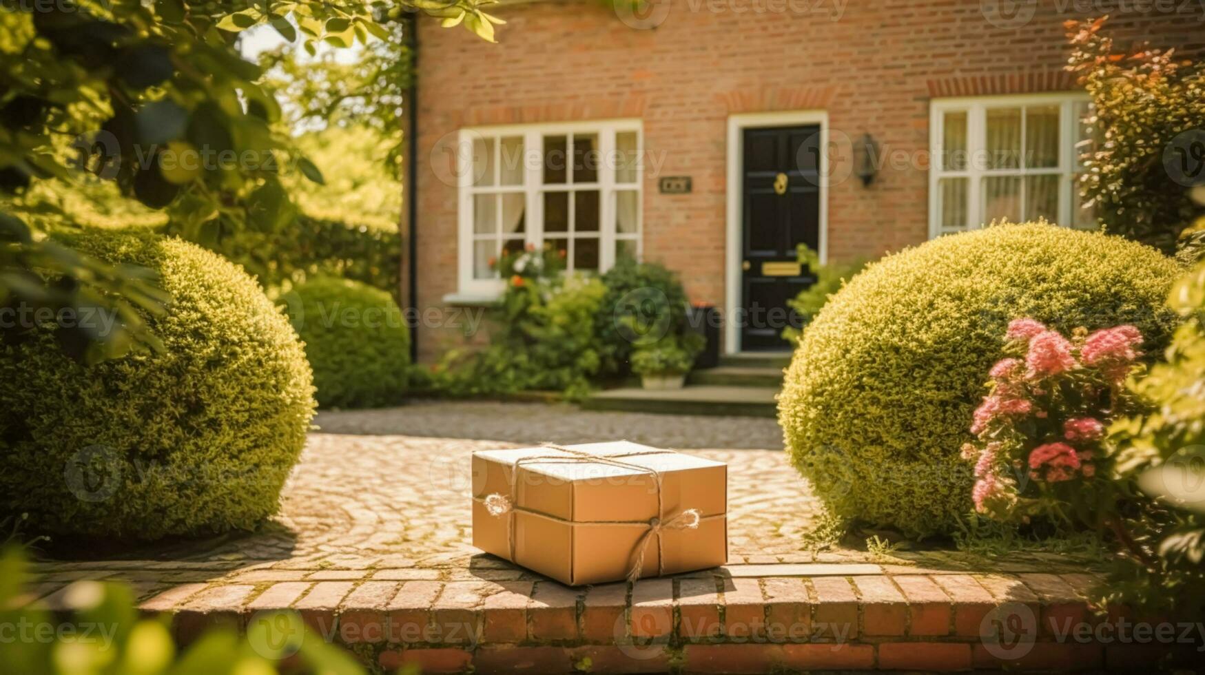 post service, Hem leverans och uppkopplad handla, paket låda på en hus tröskel i de landsbygden, generativ ai foto