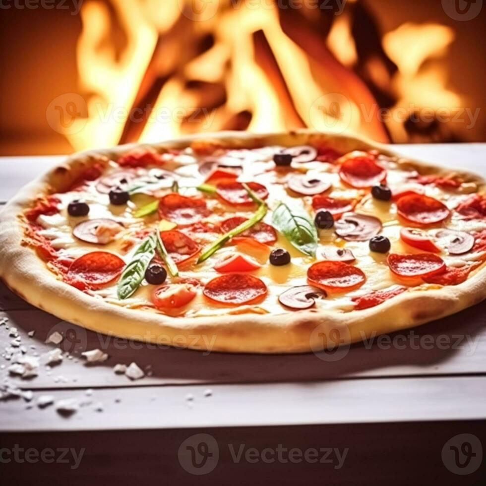 pizza capricciosa hemlagad med brand i de ugn, uppkopplad leverans från pizzeria, ta bort och italiensk snabb mat, generativ ai foto