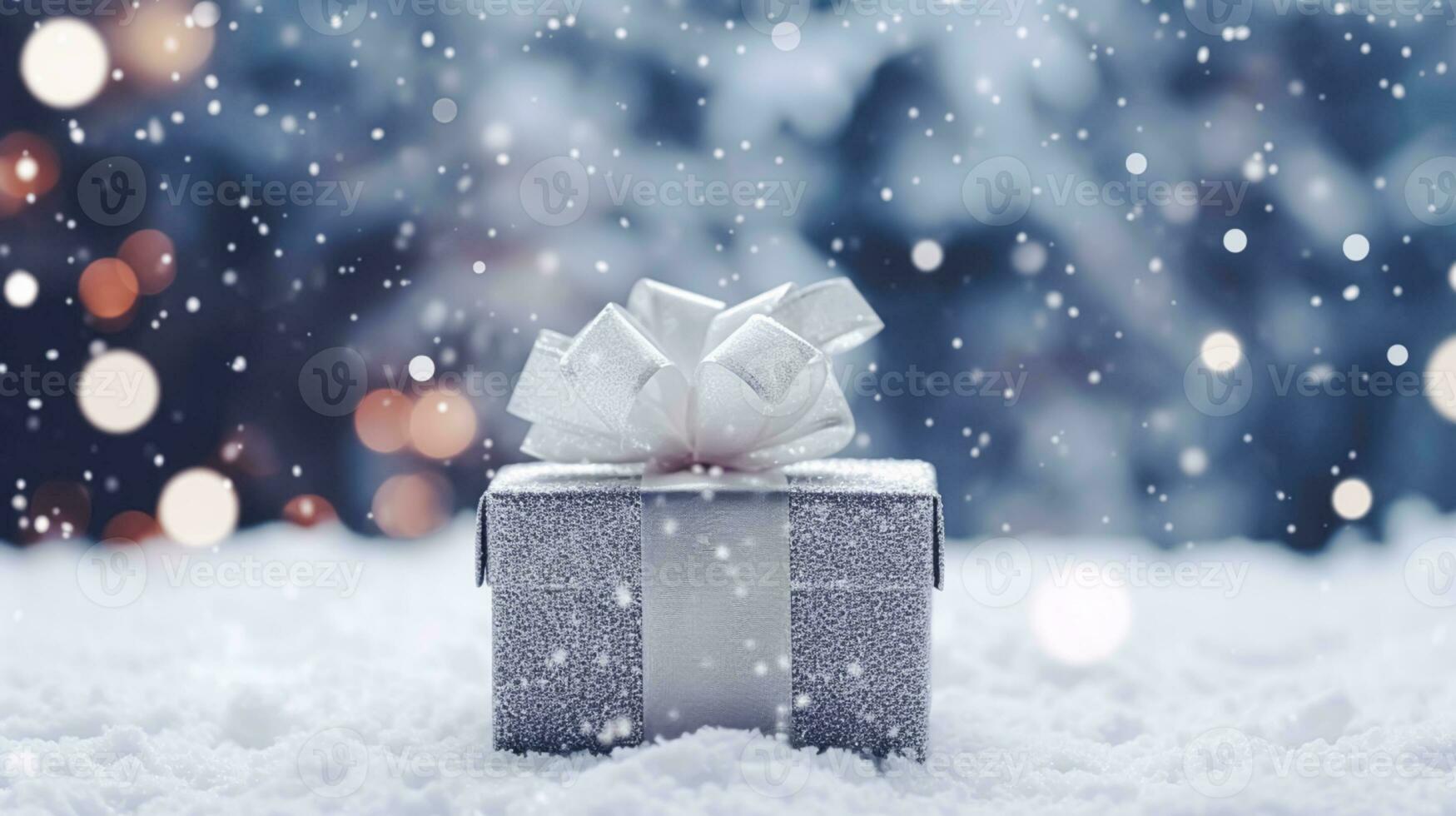 jul Semester gåva och närvarande, gåva låda i de snö i snöfall vinter- landsbygden natur för boxning dag, högtider handla försäljning foto