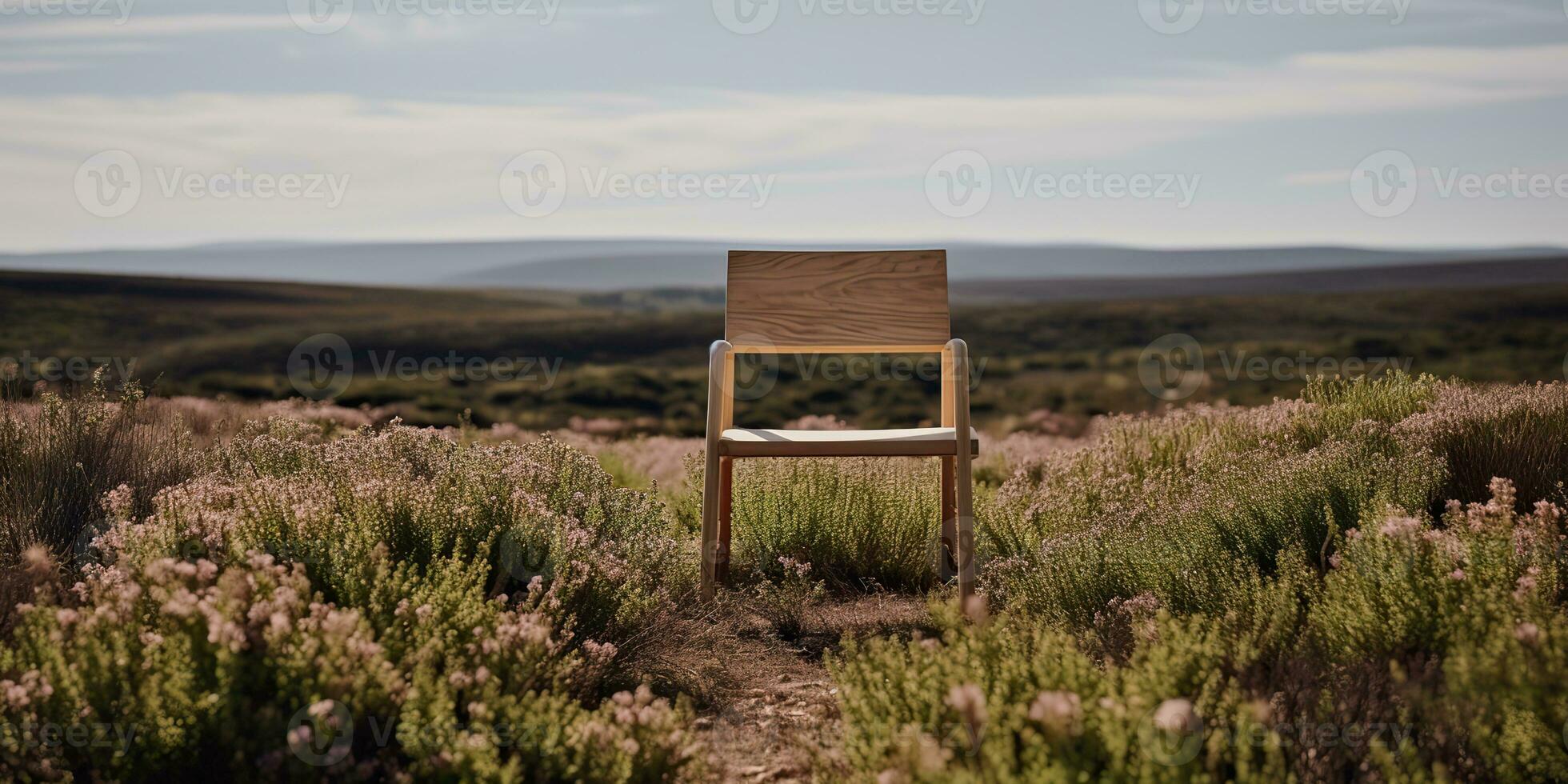 ai genererad. ai generativ. mysigt trä- ärm stol mysigt på de natur utomhus- vild fält. semester koppla av vibe. grafisk konst foto