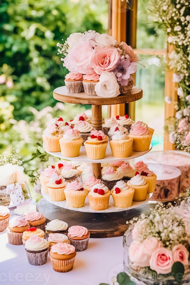 cupcakes, kakor, scones och muffins och Semester dekoration utomhus på de engelsk Land stil trädgård, ljuv desserter för bröllop, födelsedag eller fest firande, generativ ai foto