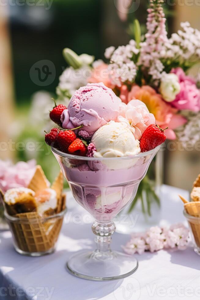 is grädde desserter buffé tabell, händelse mat catering för bröllop, fest och Semester firande, is krämer och blommor dekor i en blommig landsbygden trädgård, generativ ai foto