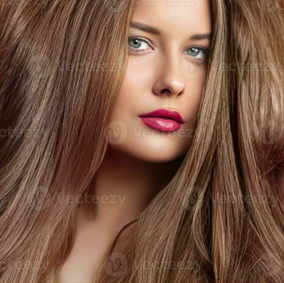 frisyr, skönhet och hår vård, skön kvinna med lång naturlig brun hår, glamour porträtt för hår salong och hårvård foto