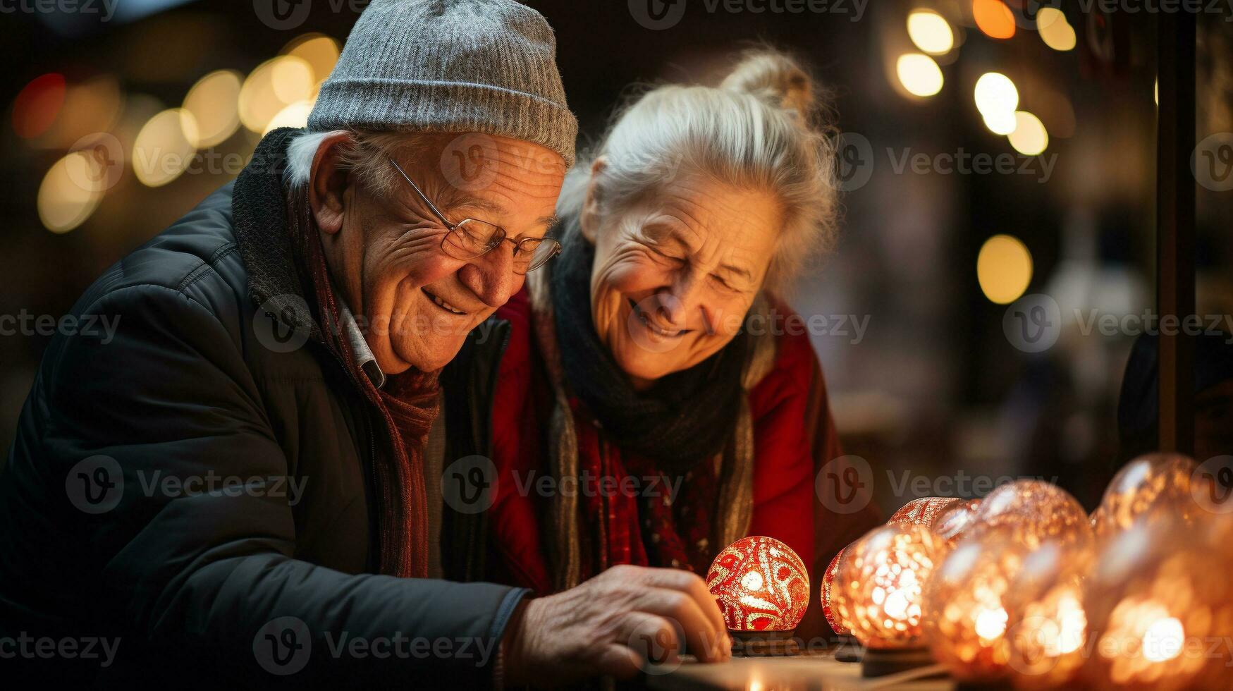 Lycklig senior vuxen par dekorera för de högtider tillsammans - generativ ai. foto