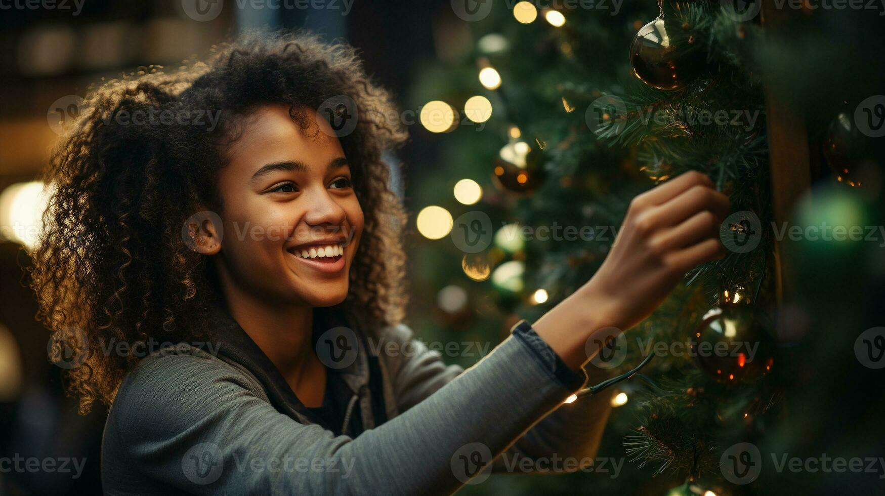 Lycklig ung afrikansk amerikan vuxen kvinna dekorera de jul träd - generativ ai. foto