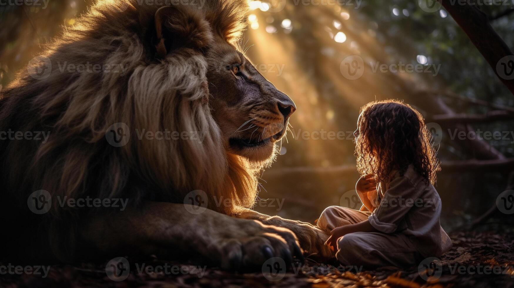 profil av en orädd ung kvinna barn Sammanträde och talande till en mycket stor lejon - generativ ai. foto