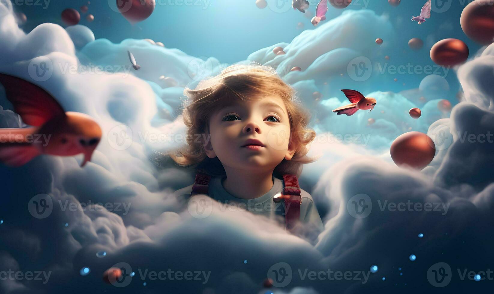 en barn är i de moln med röd ballonger ai generativ foto