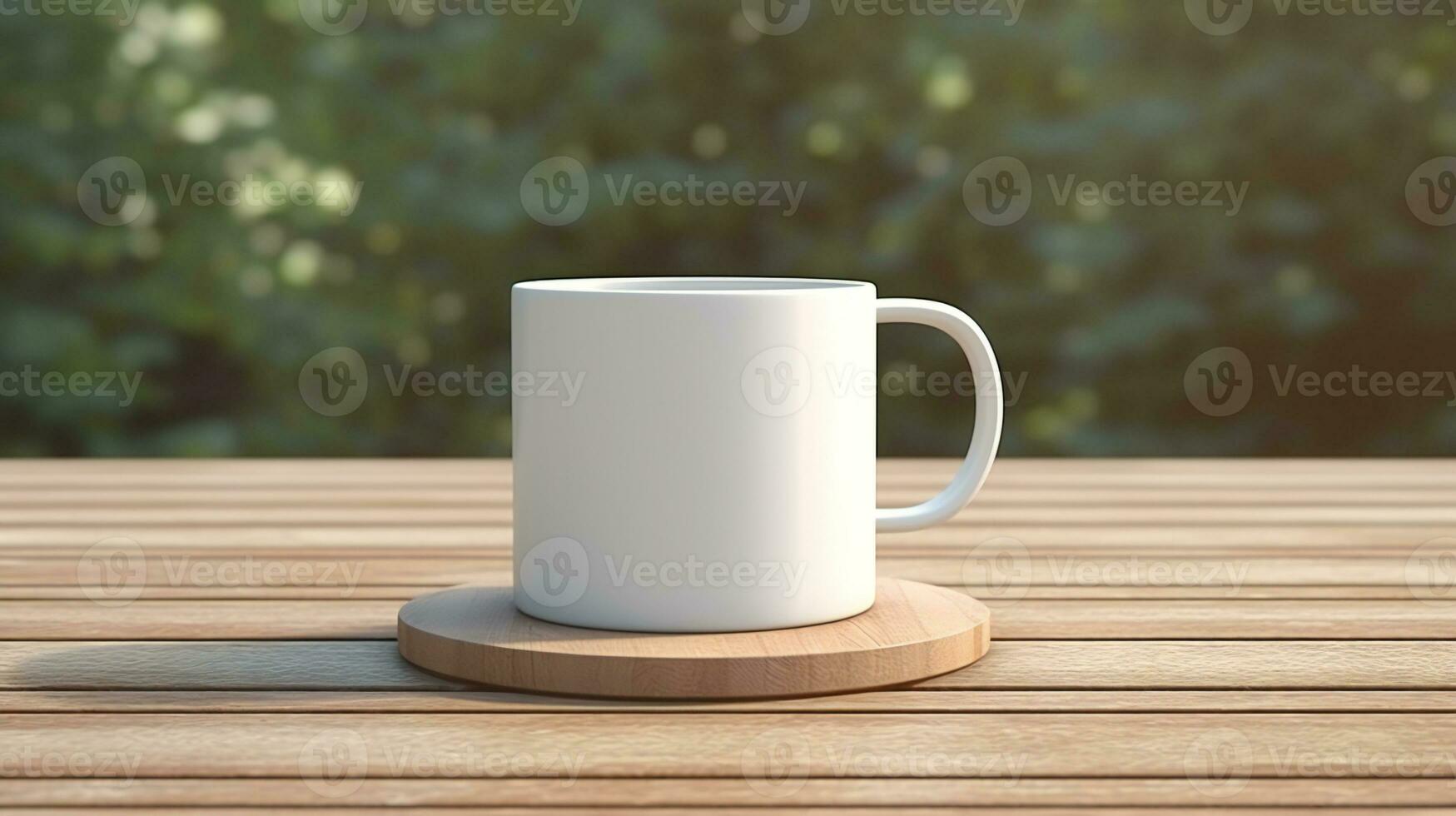 en vit kaffe kopp på en trä- disken topp ai generativ foto